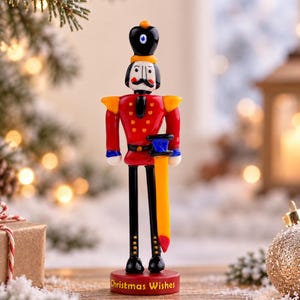 Handmade glass Nutcracker figurine standing on a red 3D-printed base, wearing a red soldier uniform with blue and yellow details and holding a glass sword.