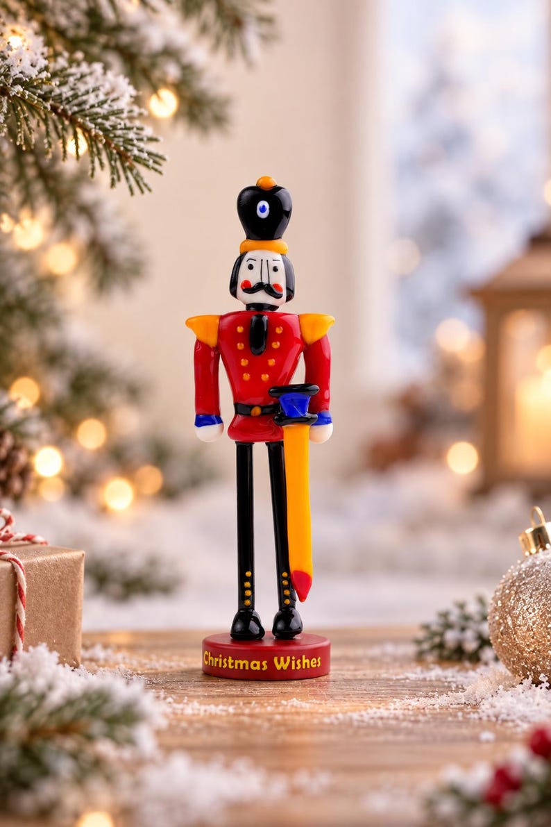 Handmade glass Nutcracker figurine standing on a red 3D-printed base, wearing a red soldier uniform with blue and yellow details and holding a glass sword.
