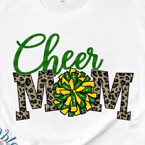 Cheer Mom Png Biggest fan, Leopard Print Green and Yellow Pom Poms, Cheerleader mom, PNG 300dpi Clipart Sublimation Download Digital Design