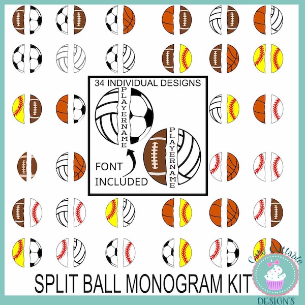 Ballers Split Ball svg Custom Monogram Sports Bundle Soccer baseball Basketball Football Volleyball svg Eps DXF Cut file Sublimation ttf