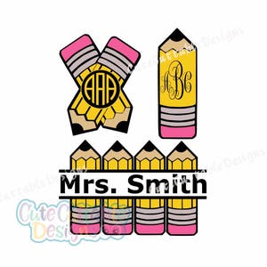 Pencil Monogram SVG, Pencil Round Monogram, Split Pencil SVG Files, Back to School SVG, Teacher Svg Cut File designs for Cricut/Silhouette image 1