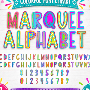 May include: A digital font clipart set titled COLORFUL FONT CLIPART MARQUEE ALPHABET. It includes uppercase letters, lowercase letters, and numbers 0-9 in various bright colors with dotted patterns. The set contains 72 individual PNG characters.