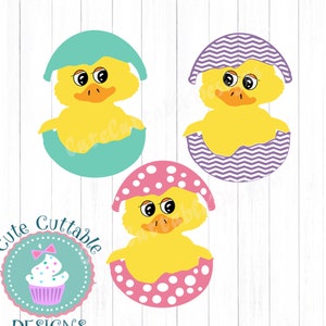 Peut inclure: Trois canetons jaunes éclosant d'œufs. Les œufs sont décorés de motifs différents : turquoise, chevron violet et pois roses.