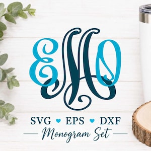 May include: A digital monogram design featuring the letters E, M, and O in a stylized script font. The letters are colored in alternating shades of bright cyan and dark navy blue. Below the monogram, the text reads SVG, EPS, DXF, Monogram Set.