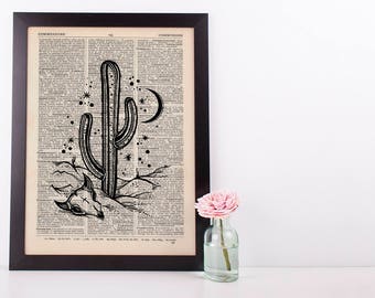 Moon Cactus Western Skull Dictionary Art Print Vintage Alternative Succulent