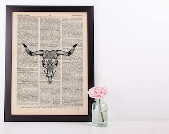 Steer Skull Patterned in Dictionary Art Print Vintage Alternative Plant Hipster