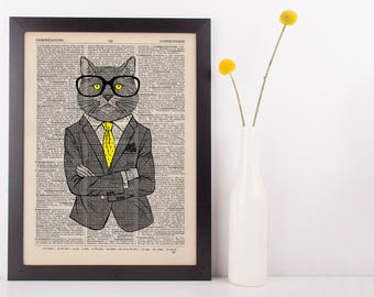 Cat with Yellow Tie Dictionary Art Print Wall Vintage Picture Animal In Clothes