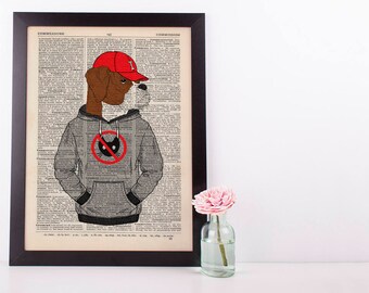 Boxer in a Hoody Dictionary Art Print Wall Vintage Picture Animal in Clothes