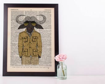 Buffalo in a Jacket Dictionary Art Print Wall Vintage Picture Animal Clothes