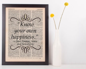 Know your own happiness Dictionary Art Print Jane Austen Sense & Sensiblity