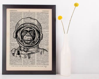 Monkey Astronaut Dictionary Art Print Animals Clothes Anthropomorphic Human