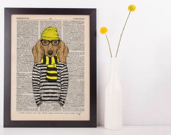 Dog in stripey scarf and jumper Dictionary Art Print Vintage Animal in Clothes