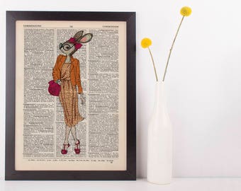 Bunny Lady Dictionary Art Print Animals Clothes Anthropomorphic