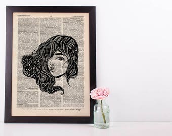 Cosmic Windswept Woman Dictionary Art Print Vintage Alternative