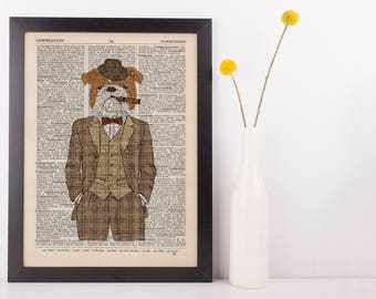 Bulldog In a suit Dictionary Art Print Wall Vintage Picture Animal In Clothes