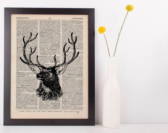 Stags Head Side Dictionary Illustration Art Print Vintage Hipster Steampunk