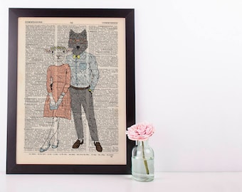 Wolf and sheep Couple Dictionary Art Print Vintage Animal In Clothes Mr & Mrs