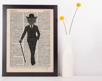 Cat in a Suit Dictionary Art Print Wall Vintage Picture Animal In Clothes