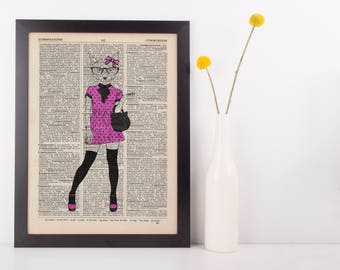 Glam Cat Dictionary Art Print Wall Art Hipster Vintage Animal in Clothes