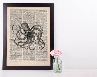 Swimming Octopus Dictionary Illustration Art Print Vintage Sea Life Nautical