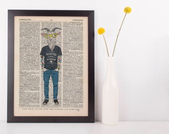 Tattooed Goat Dictionary Wall Picture Art Print Vintage Animal In Clothes