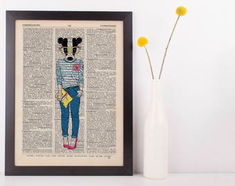 Badger Girl With Clutch Dictionary Art Print Wall Vintage Picture Animal Clothes