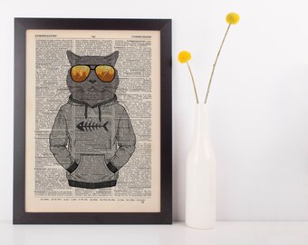 Hoody cat Dictionary Wall Picture Art Print Vintage Animal in Clothes