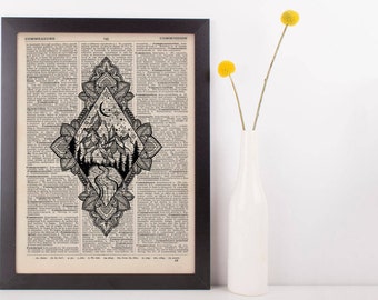 Diamond Moonlight Mandala Mountains Dictionary Print