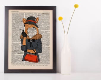 Glamorous Foxy Lady Dictionary Art Print Wall Art Vintage Animal in Clothes