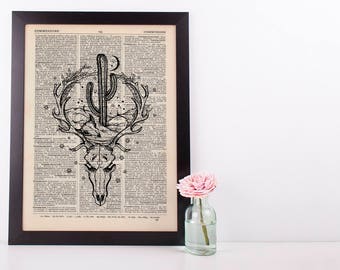 Skull Western Cactus in Dictionary Art Print Vintage Alternative Plant Hipster