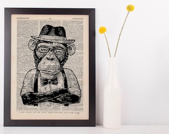 Monkey Hat Dictionary Art Print Animals Clothes Anthropomorphic