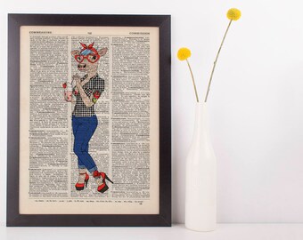 50's Rockabilly Cow Dictionary Art Print Wall Vintage Picture Animal in Clothing