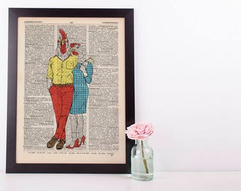 Mr and Mrs Rooster Hen Couple Dictionary Art Print Vintage Animal In Clothes Mr & Mrs