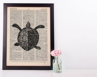 Sea turtle Dictionary Illustration Art Print Vintage Sea Life Nautical