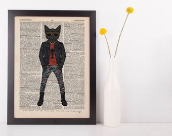 Rocking Cat Dictionary Wall Picture Art Print Vintage Animal In Clothes