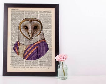 Regal owl Dictionary Art Print Animals Clothes Anthropomorphic