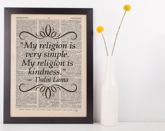 My Religion is Very Simple, Quote Dictionary Art Print Dalai Lama