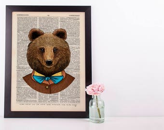 Bear with a Blue Bow tie Dictionary Art Print Animals Clothes Anthropomorphic