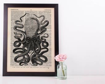 Large Octopus Dictionary Illustration Art Print Vintage Sea Nautical