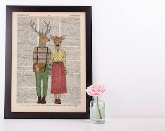 Deer Couple Dictionary Wall Decor Art Print Vintage Animal In Clothes Mr & Mrs