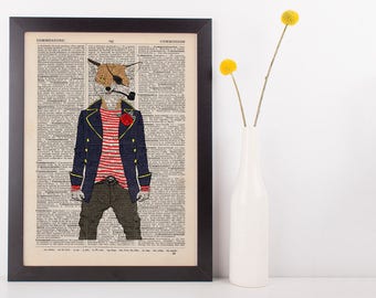 Captain Fox Dictionary Art Print Animals as Humans Anthropomorphic Nautical Sea