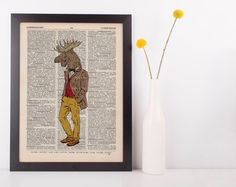 Moose Gent Print Dictionary Wall Picture Art Print Vintage Animal In Clothes