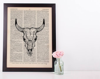 Steer Skull Plain Dictionary Art Print Vintage Alternative Plant Hipster