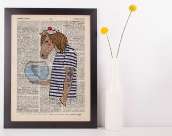 Horse Seahorse Dictionary Art Print Animals Humans Anthropomorphic Nautical Sea