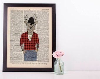 Deer Hipster Boy Dictionary Art Print Wall Vintage Picture Animal in Clothes