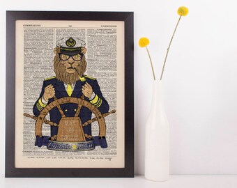 Captain Lion Dictionary Art Print Animals as Humans Anthropomorphic Nautical Sea