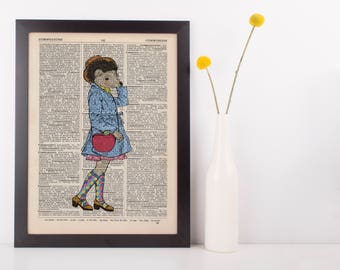 Hedgehog Girl In Knee Socks Dictionary Art Print Vintage Animal in Clothes