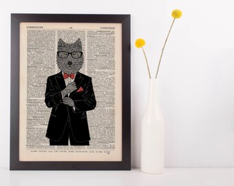 Wolf in a Tux Dictionary Wall Picture Art Print Vintage Animal In Clothes
