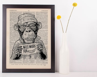 Monkey Work for Banana Dictionary Art Print Animals Clothes Anthropomorphic