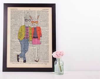 Bunny Couple Dictionary Wall Decor Art Print Vintage Animal In Clothes Mr & Mrs